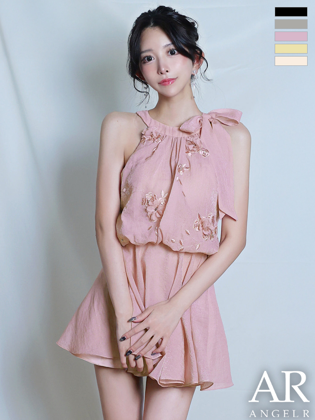 ノースリーブ シフォン ネックリボン フラワー フェミニン シアー フレアミニドレス