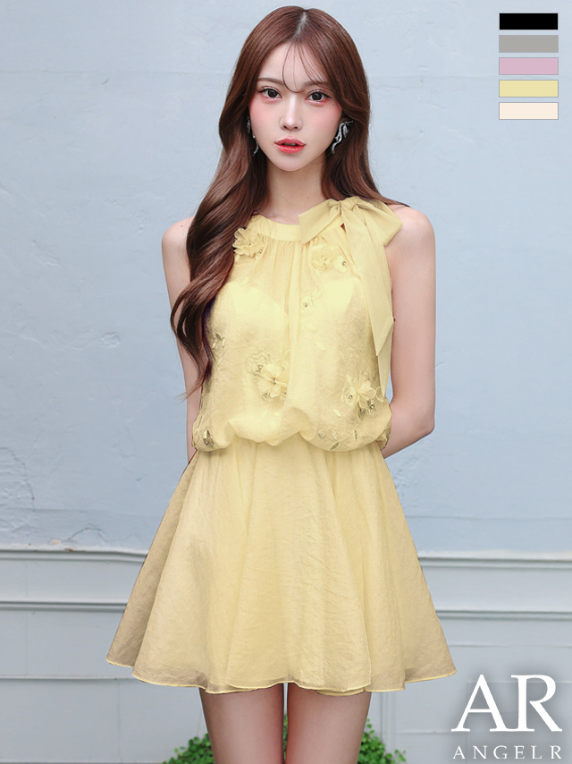 ノースリーブ シフォン ネックリボン フラワー フェミニン シアー フレアミニドレス