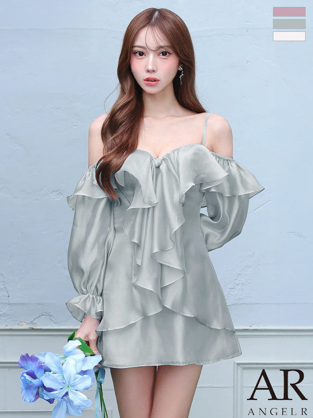 オフショルダー ネックストラップ フラワーモチーフ フリル 長袖 フェミニン フレアミニドレス