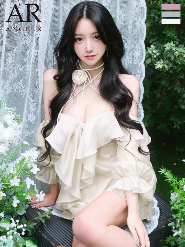 オフショルダー ネックストラップ フラワーモチーフ フリル 長袖 フェミニン フレアミニドレス