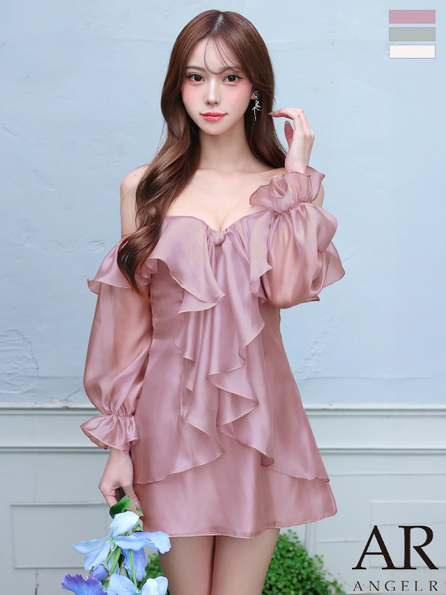 オフショルダー ネックストラップ フラワーモチーフ フリル 長袖 フェミニン フレアミニドレス