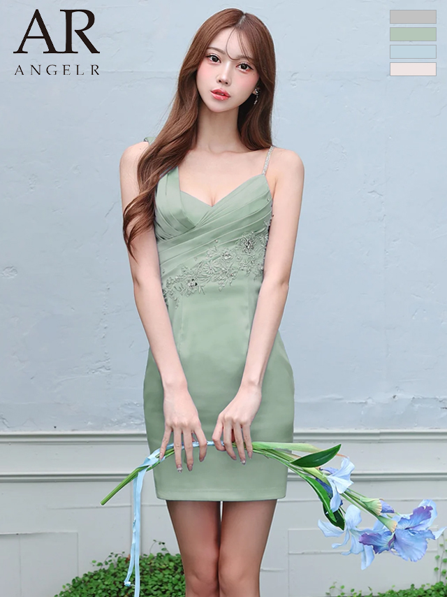 ノースリーブ アシンメトリーデザイン バストタック フラワーレース ビジュー キャミソール タイトミニドレス