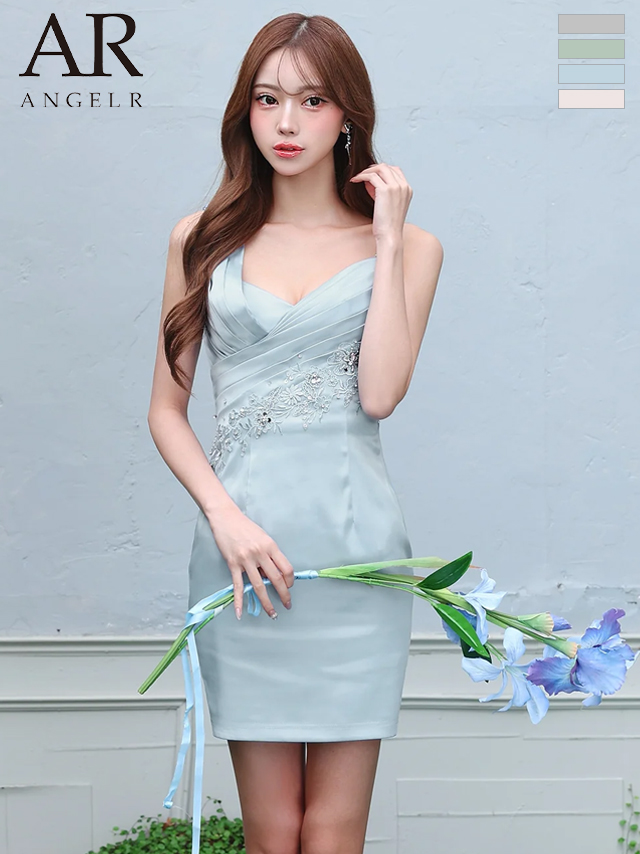 ノースリーブ アシンメトリーデザイン バストタック フラワーレース ビジュー キャミソール タイトミニドレス