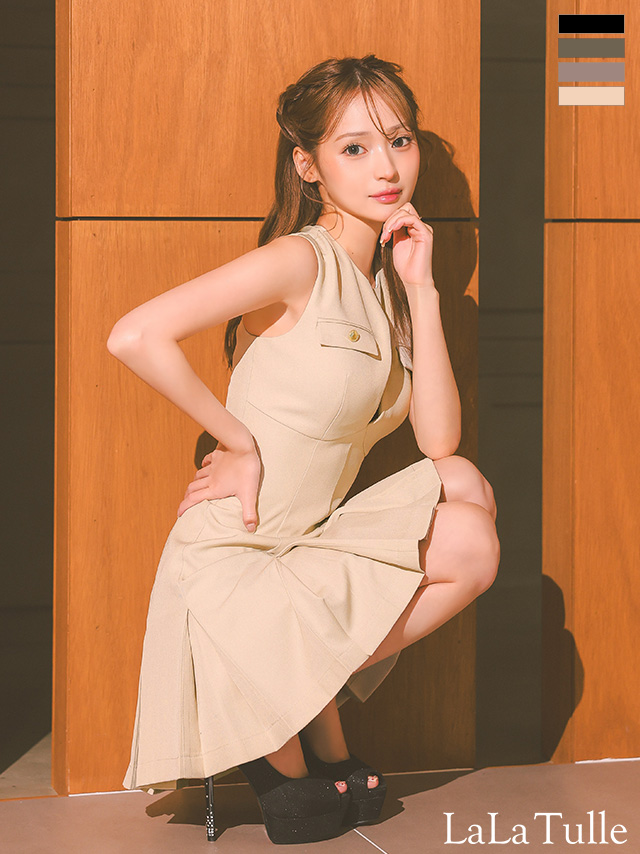 ゴールドボタン バストカット ノースリーブ プリーツ シンプル フレアミニドレス