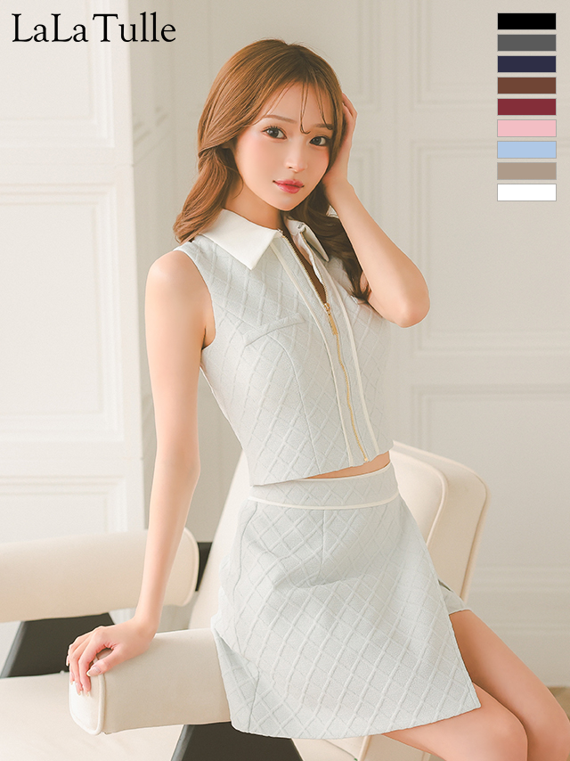 ジップデザイン セットアップ ワンカラー ジャガードニット ノースリーブ 襟付き ラップスカート タイトミニドレス