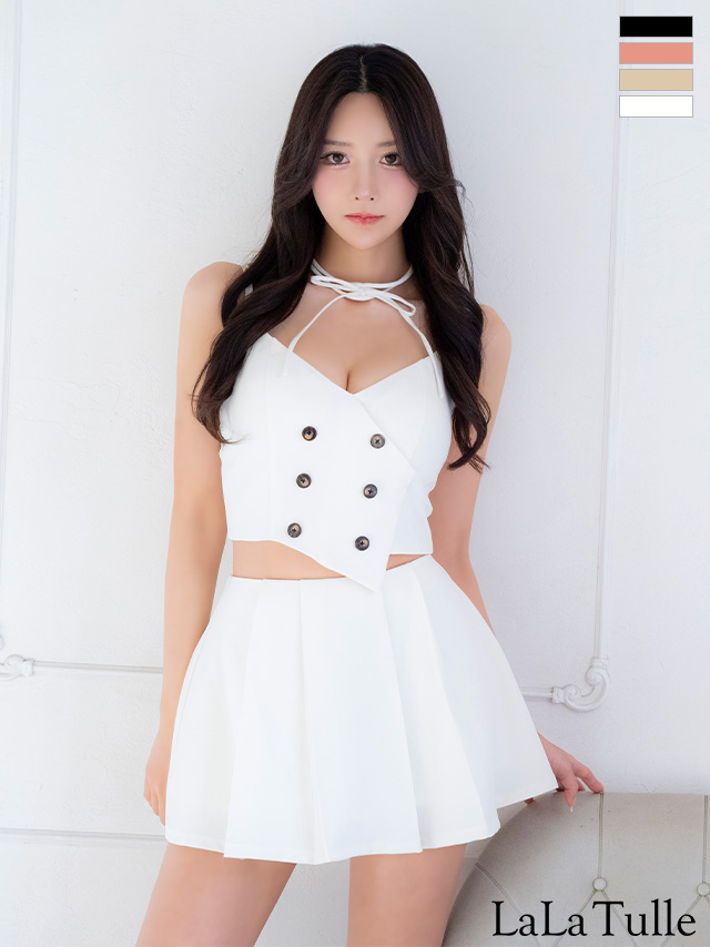 プリーツ セクシー ダブルボタン セットアップ キャミソール オープンバスト チョーカー付き フレアミニドレス