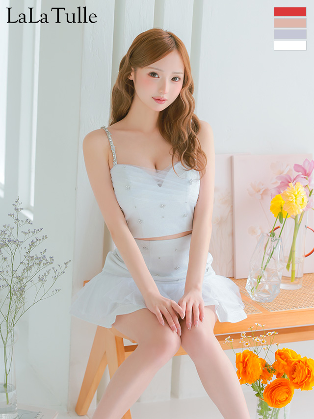 ハートカット ガーリー ビジュー チュール セットアップ キャミソール ラメニット ビジューキャミソール フリル フレアミニドレス