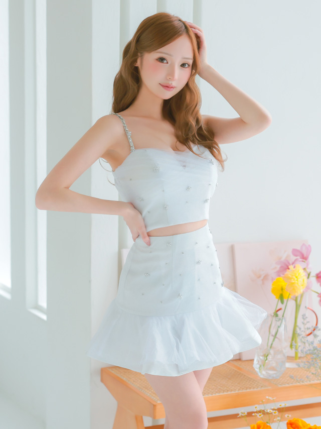 ハートカット ガーリー ビジュー チュール セットアップ キャミソール ラメニット ビジューキャミソール フリル フレアミニドレス