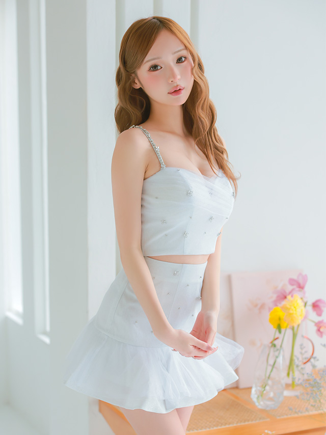 ハートカット ガーリー ビジュー チュール セットアップ キャミソール ラメニット ビジューキャミソール フリル フレアミニドレス