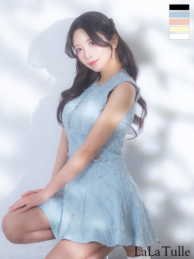 ジップデザイン ビジュー ガーリー ノースリーブ フレアミニドレス