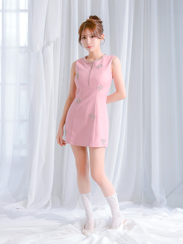 ノースリーブ ビジュー リボン ジップデザイン フレアミニドレス