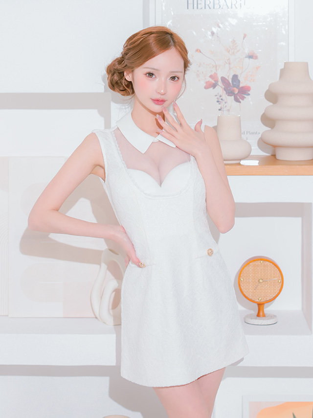 襟付き デコルテレース ノースリーブ ゴールドボタン シースルー タイトミニドレス