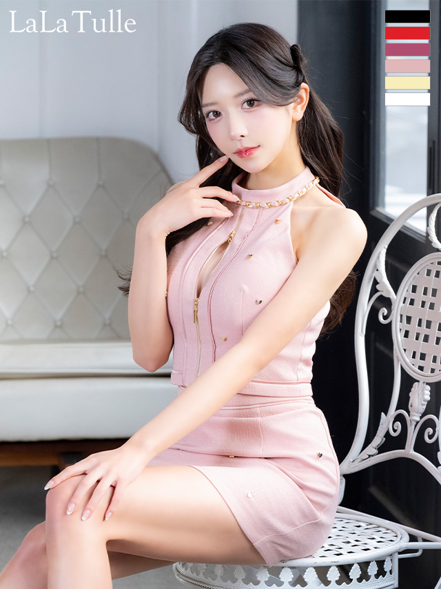 ハートスタッズ セットアップ チェーン ガーリー ジップデザイン ホルターネック タイトミニドレス