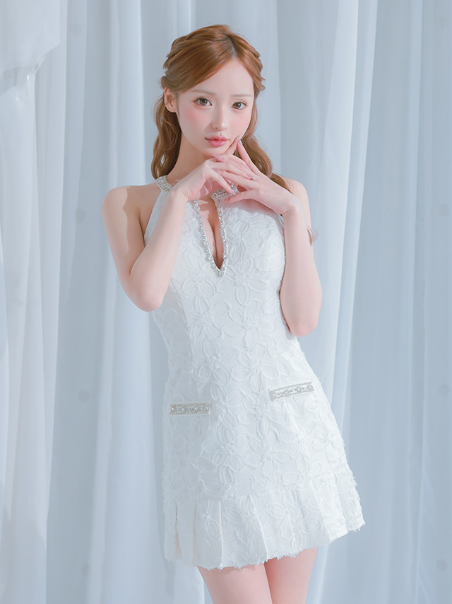 ガーリー プリーツ フラワージャガード ホルターネック フレアミニドレス