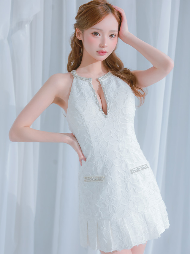 ガーリー プリーツ フラワージャガード ホルターネック フレアミニドレス