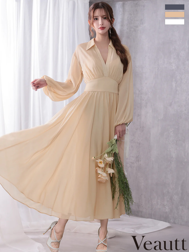 長袖 襟付き Vネック ウエストマーク シフォン ワンカラー Aラインロングドレス