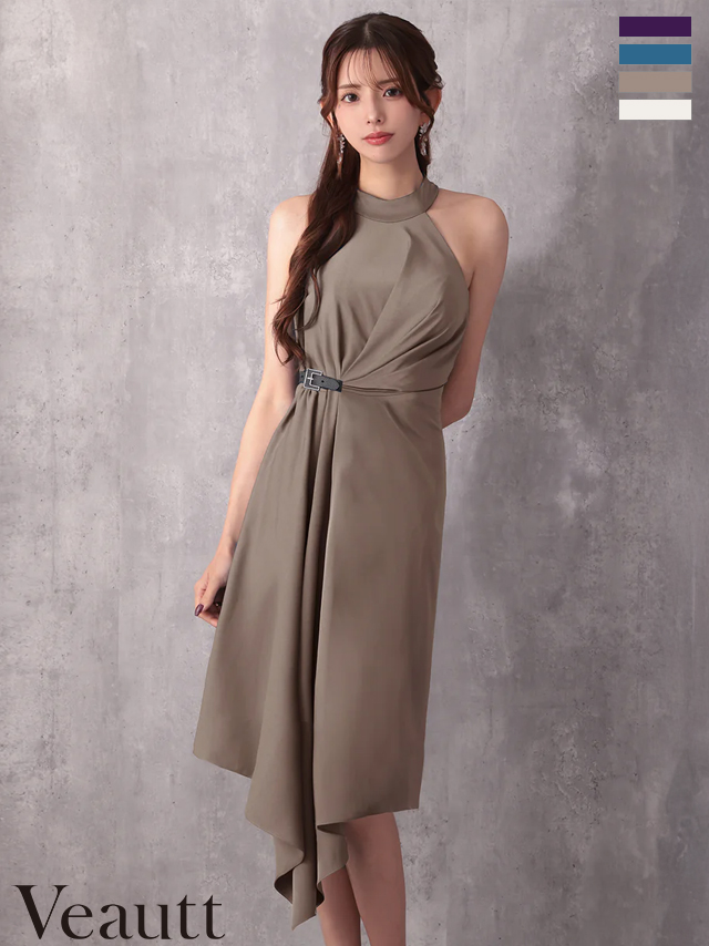 ホルターネック ウエストベルト タック アシンメトリー ワンカラー 膝丈ドレス