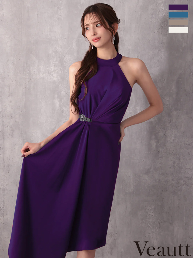ホルターネック ウエストベルト タック アシンメトリー ワンカラー 膝丈ドレス