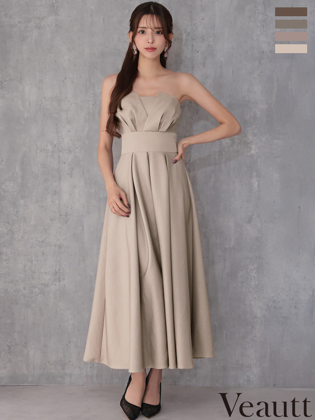 2way ベアトップ キャミソール バストタック ウエストマーク プリーツ エレガント ワンカラー Aラインロングドレス