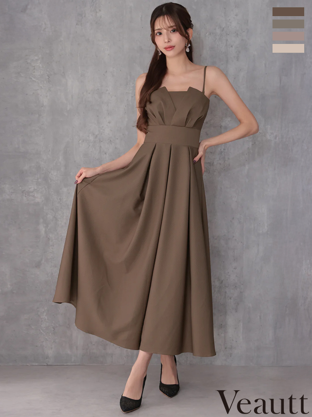2way ベアトップ キャミソール バストタック ウエストマーク プリーツ エレガント ワンカラー Aラインロングドレス