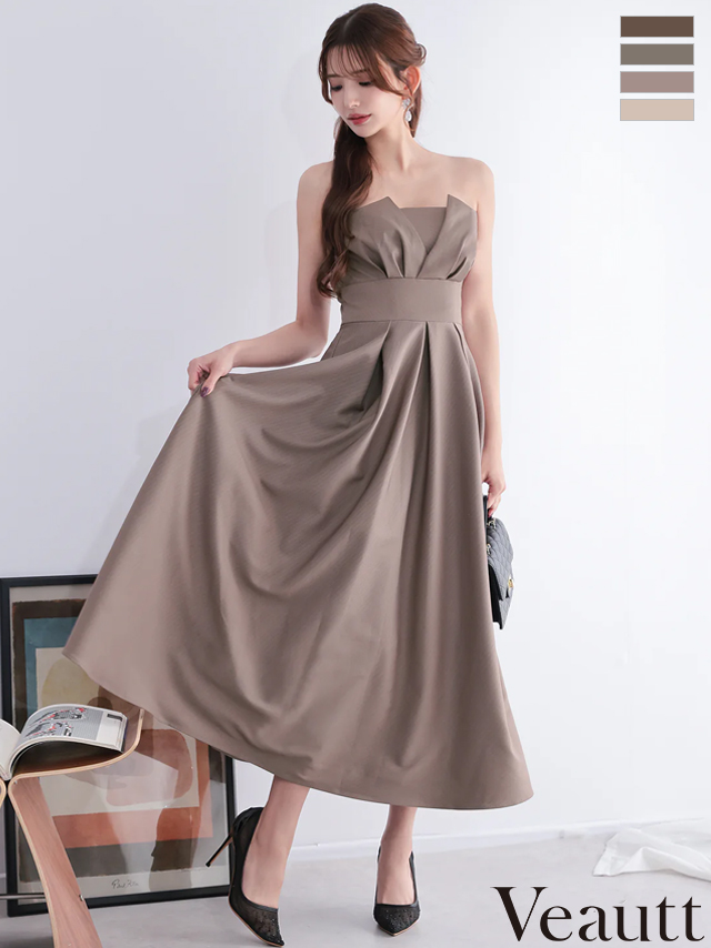 2way ベアトップ キャミソール バストタック ウエストマーク プリーツ エレガント ワンカラー Aラインロングドレス