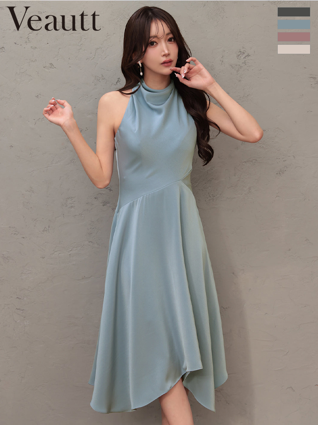 ノースリーブ ネックデザイン アシンメトリー ワンカラー 膝丈ドレス