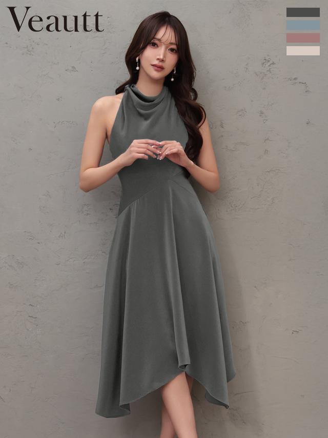 ノースリーブ ネックデザイン アシンメトリー ワンカラー 膝丈ドレス