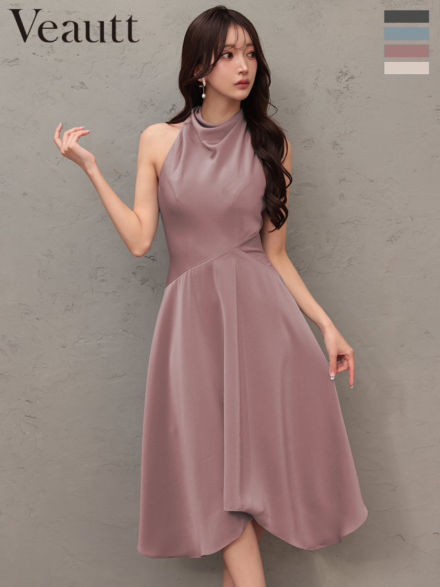 ノースリーブ ネックデザイン アシンメトリー ワンカラー 膝丈ドレス