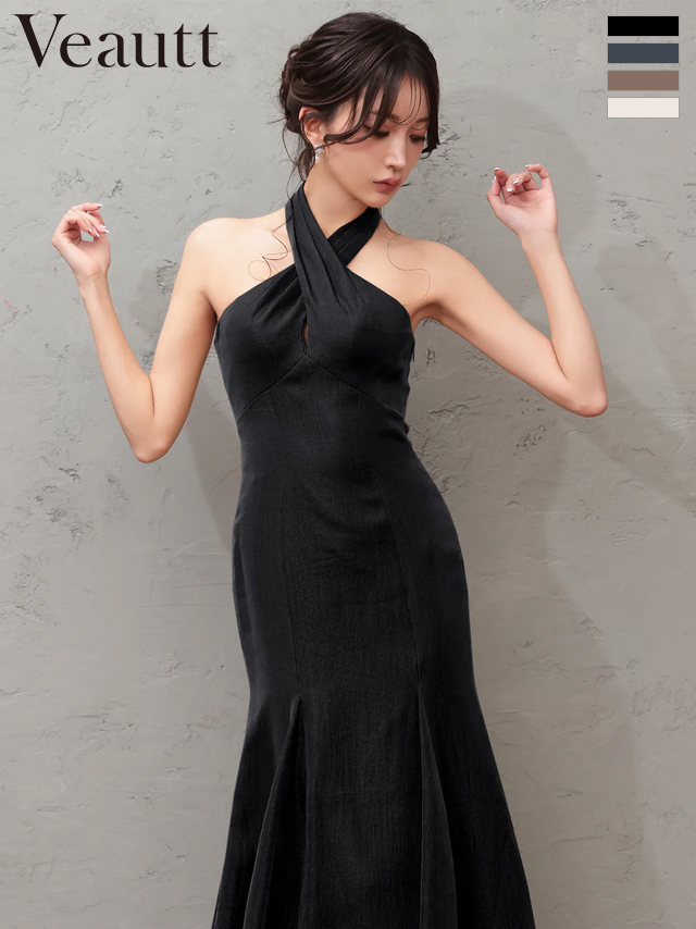 ホルターネック バックリボン クロスデザイン バックオープン ワンカラー マーメイドロングドレス