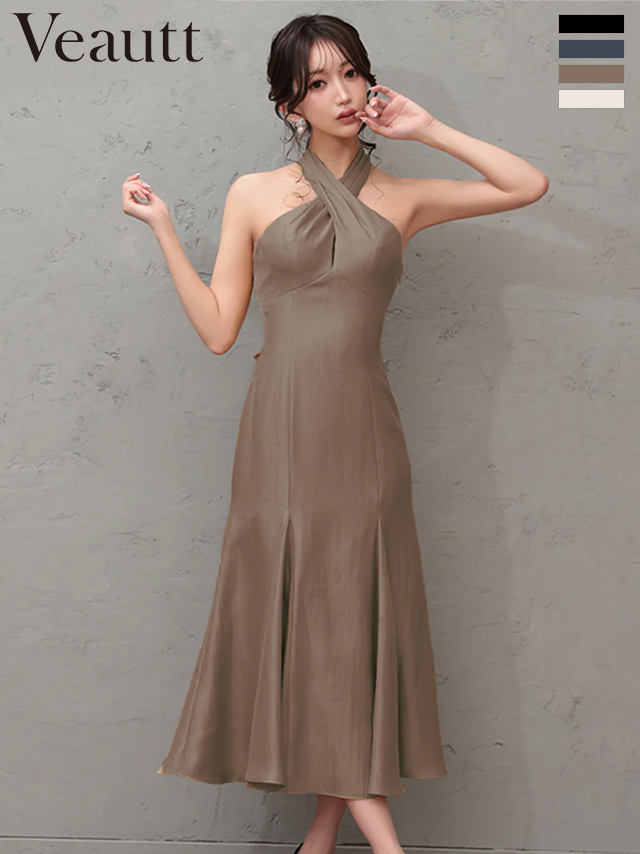 ホルターネック バックリボン クロスデザイン バックオープン ワンカラー マーメイドロングドレス