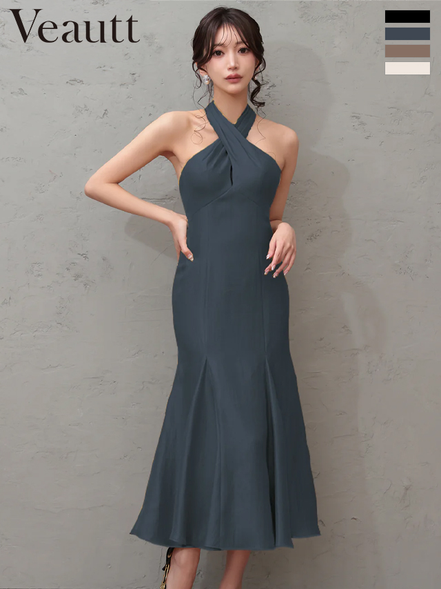 ホルターネック バックリボン クロスデザイン バックオープン ワンカラー マーメイドロングドレス