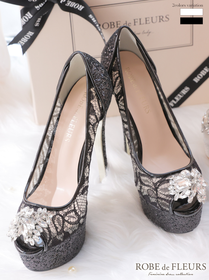 ビジュークリップ付き 総レース グリッター オープントゥパンプス