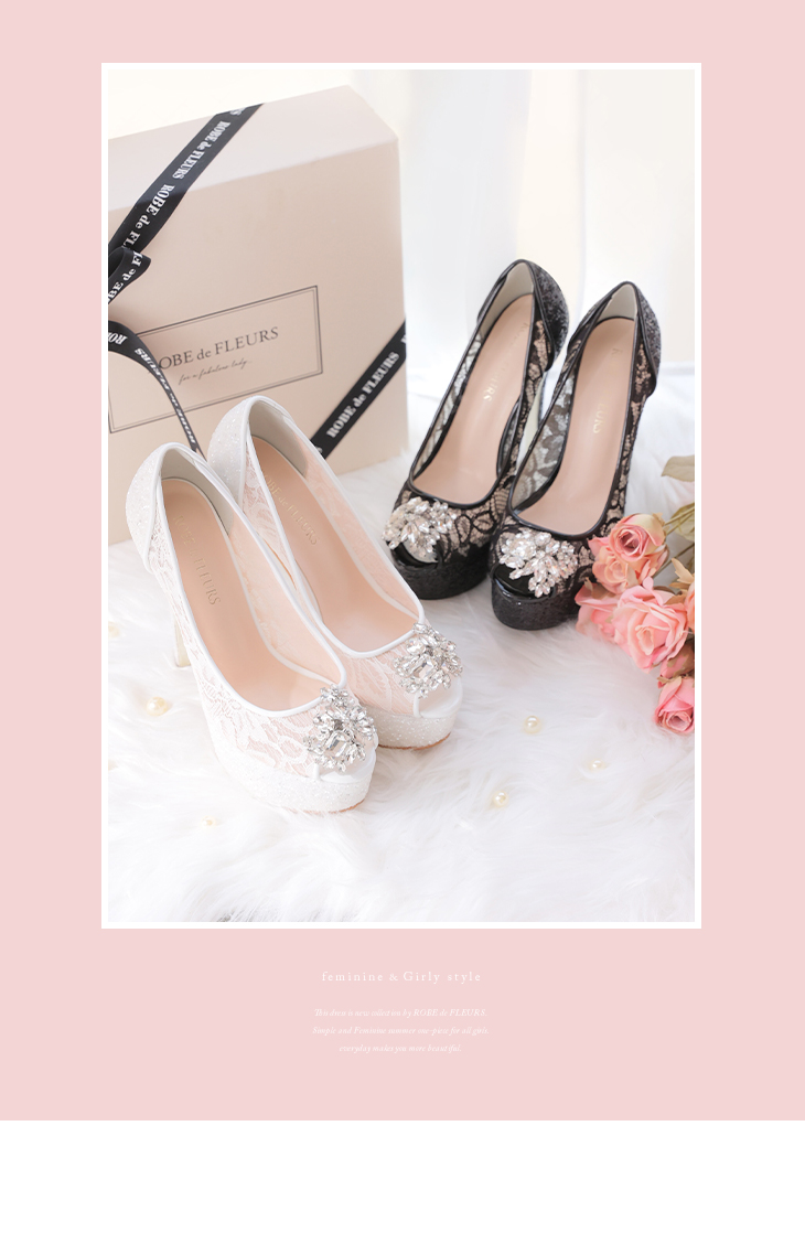 ビジュークリップ付き 総レース グリッター オープントゥパンプス