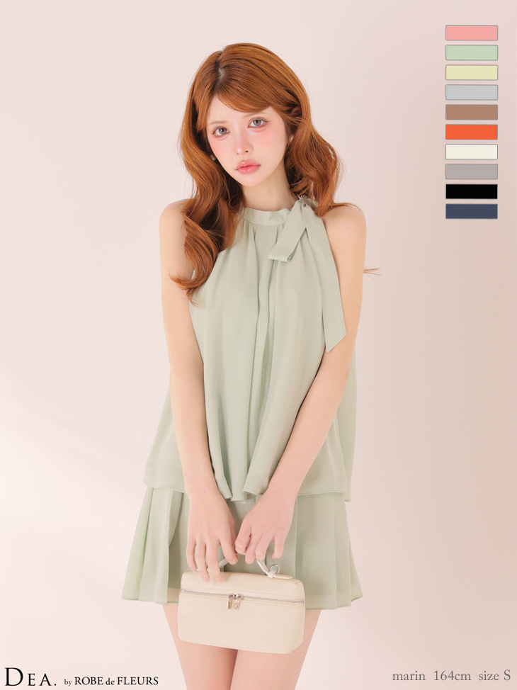 サテン シフォン ノースリーブ サイドリボン セットアップ エレガント フレアミニドレス