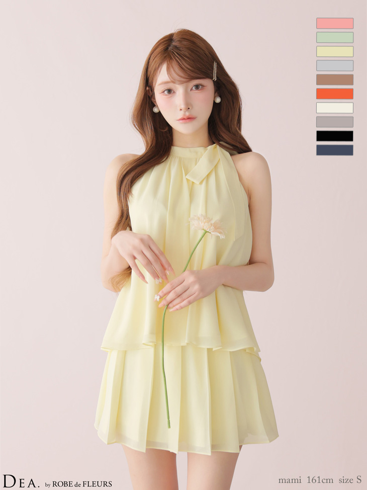 サテン シフォン ノースリーブ サイドリボン セットアップ エレガント フレアミニドレス