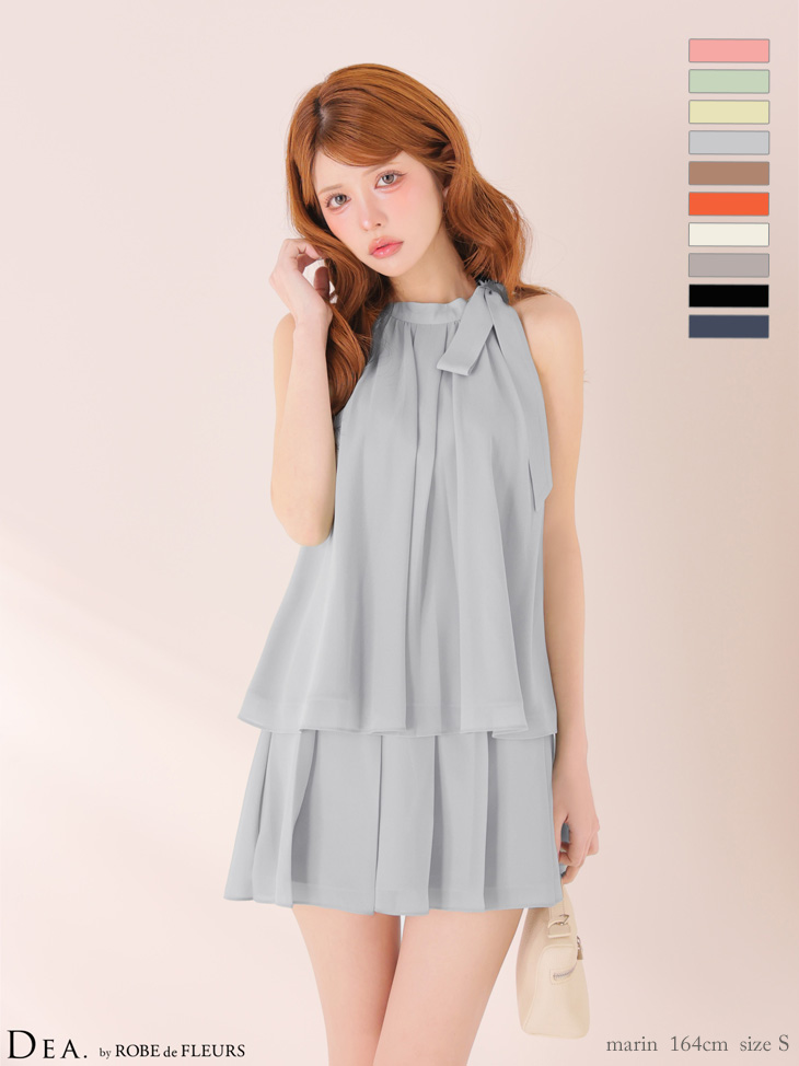 サテン シフォン ノースリーブ サイドリボン セットアップ エレガント フレアミニドレス