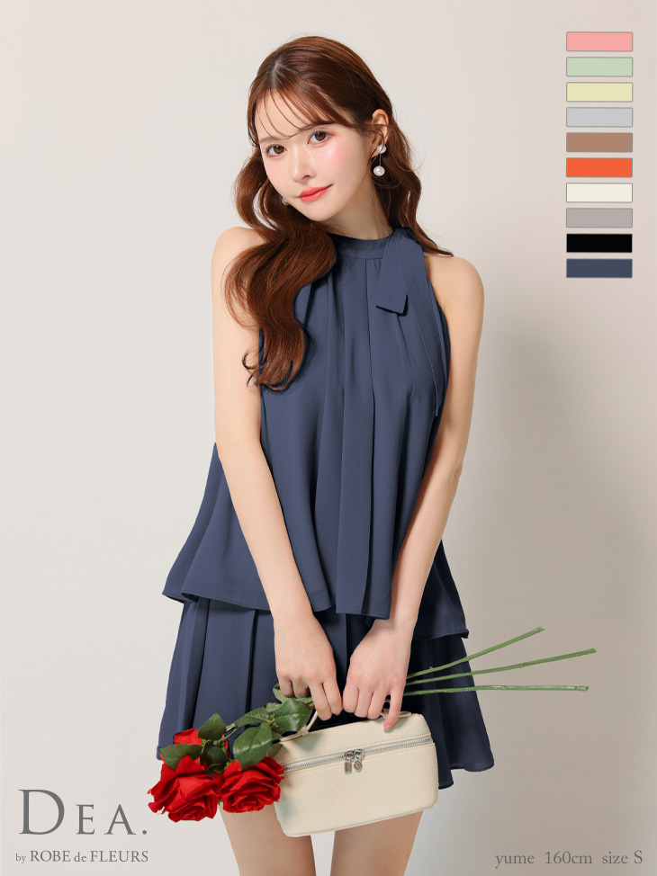 エレガント サテン シフォン サイドリボン セットアップ ノースリーブ フレアミニドレス