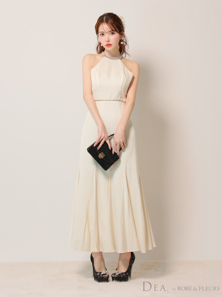 ホルターネック ビジュー バックオープン サテン エレガント Aラインロングドレス