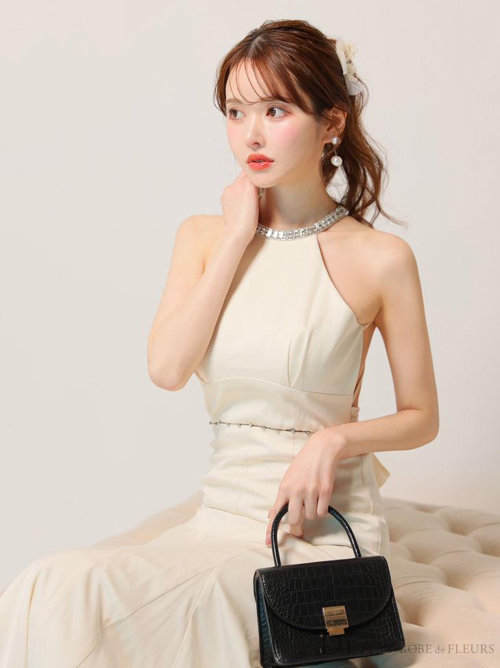 ホルターネック ビジュー バックオープン サテン エレガント Aラインロングドレス