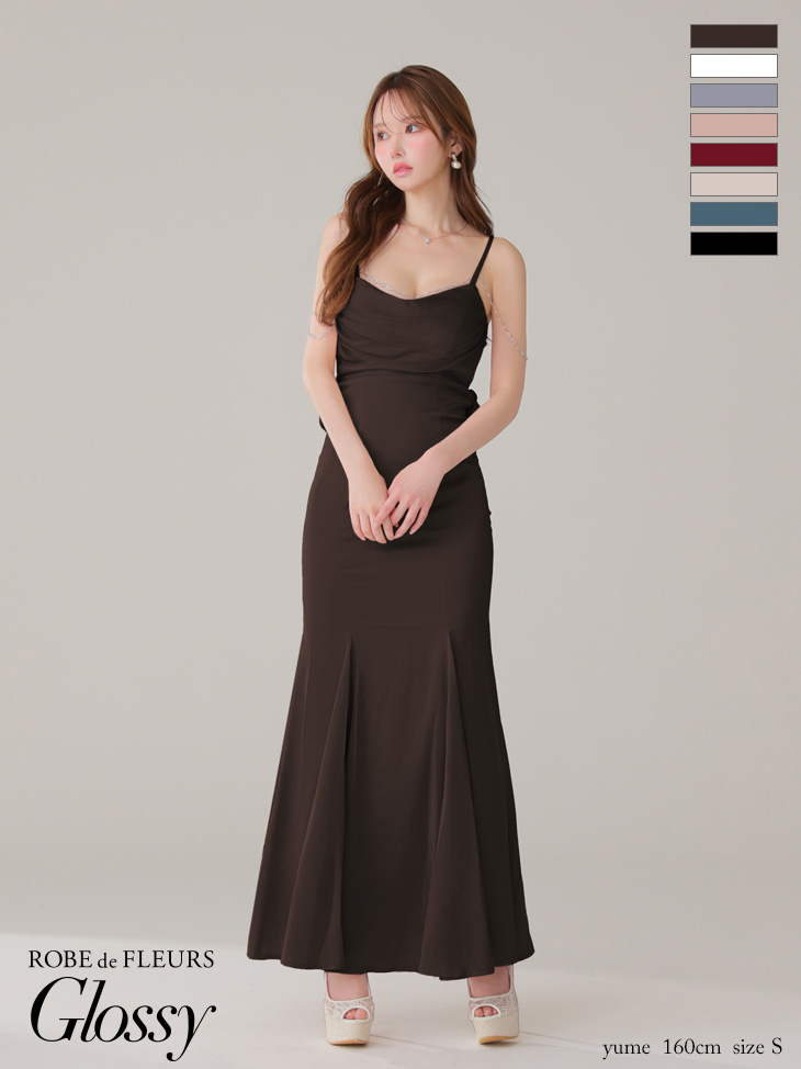 キャミソール ビジューチェーン サテン セクシー オープンバスト マーメイドロングドレス