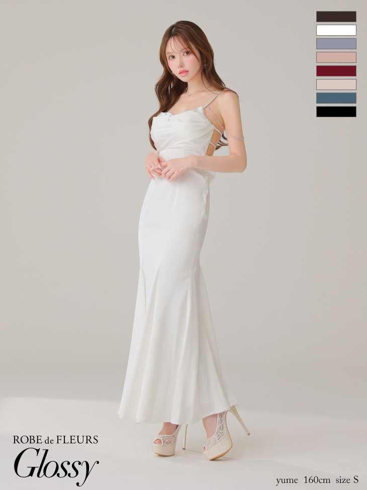 キャミソール ビジューチェーン サテン セクシー オープンバスト マーメイドロングドレス