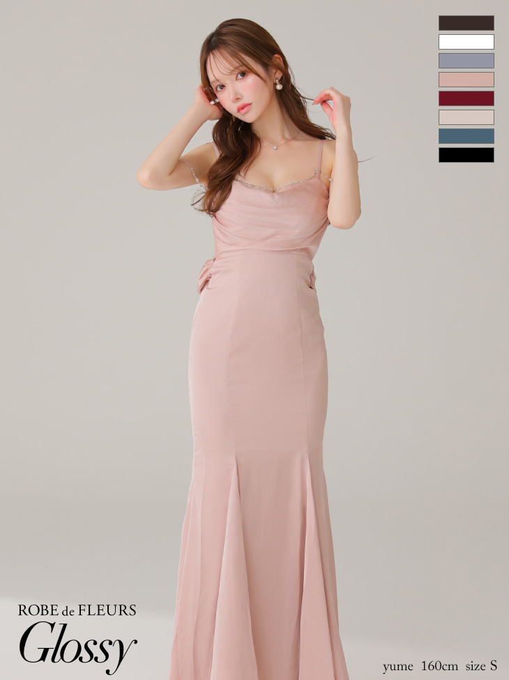 キャミソール ビジューチェーン サテン セクシー オープンバスト マーメイドロングドレス