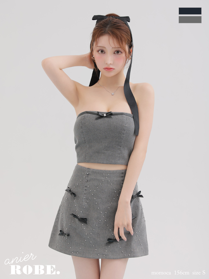 ベアトップ デニム レザーリボン ビジュー セットアップ ガーリー フレアミニドレス