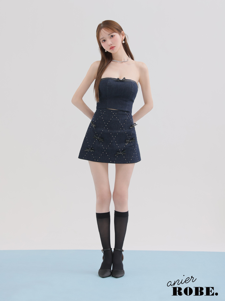 ベアトップ デニム レザーリボン ビジュー セットアップ ガーリー フレアミニドレス