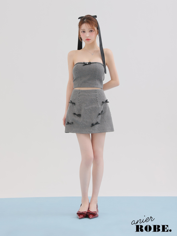 ベアトップ デニム レザーリボン ビジュー セットアップ ガーリー フレアミニドレス