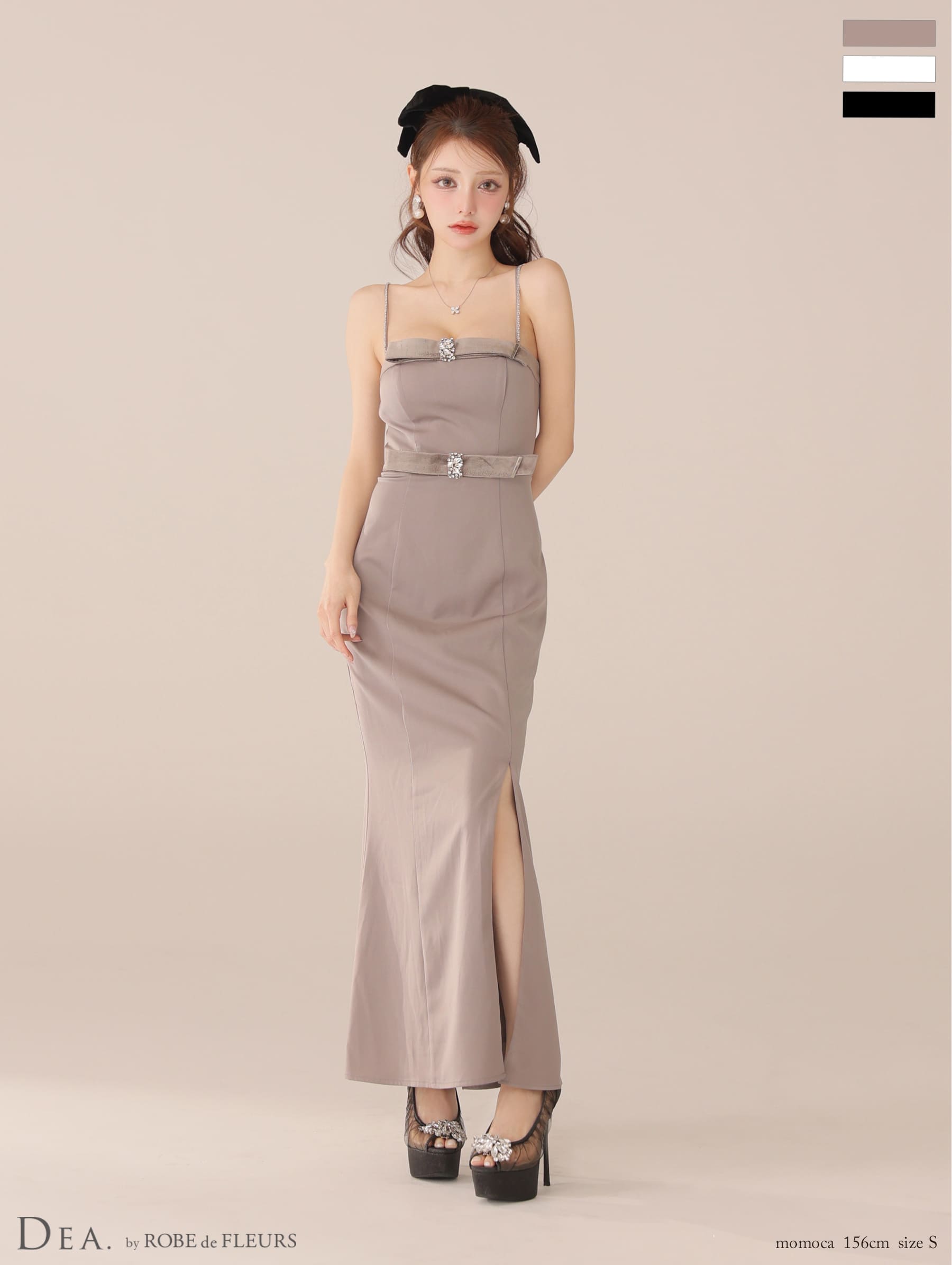 キャミソール ウエストベルト ビジュー ベロア スリット エレガント タイトロングドレス