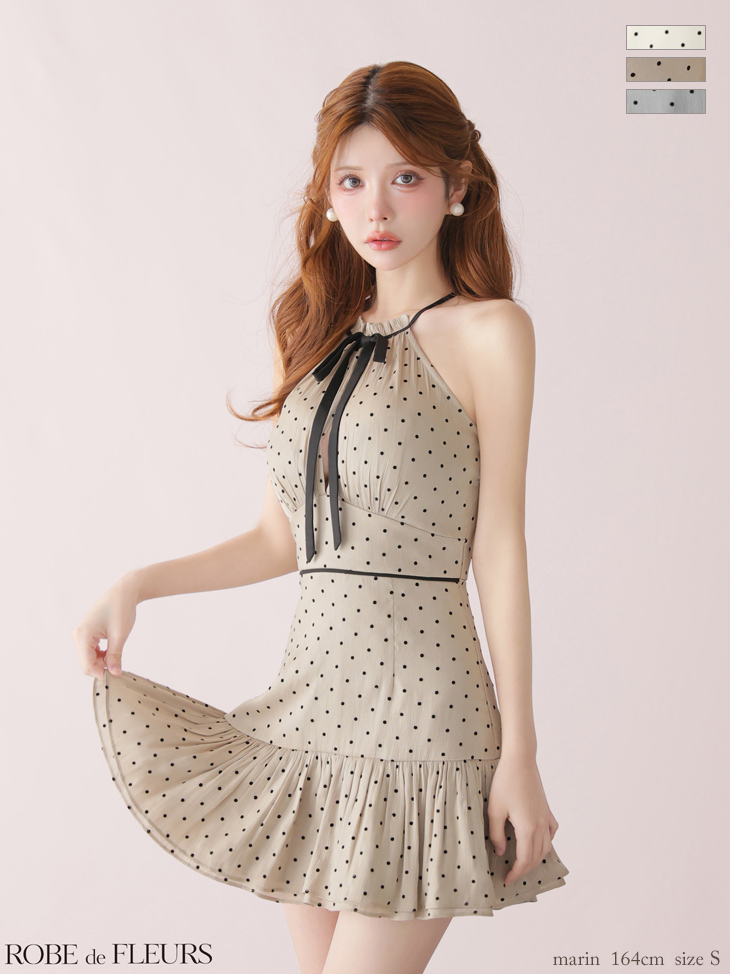 ホルターネック リボン オーガンジー ガーリー ドット柄 フレアミニドレス