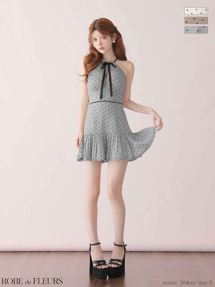 ホルターネック リボン オーガンジー ガーリー ドット柄 フレアミニドレス
