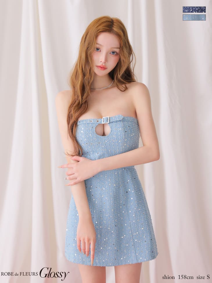 ベア バストカット ベルトデザイン スパンコール デニム タイトミニドレス