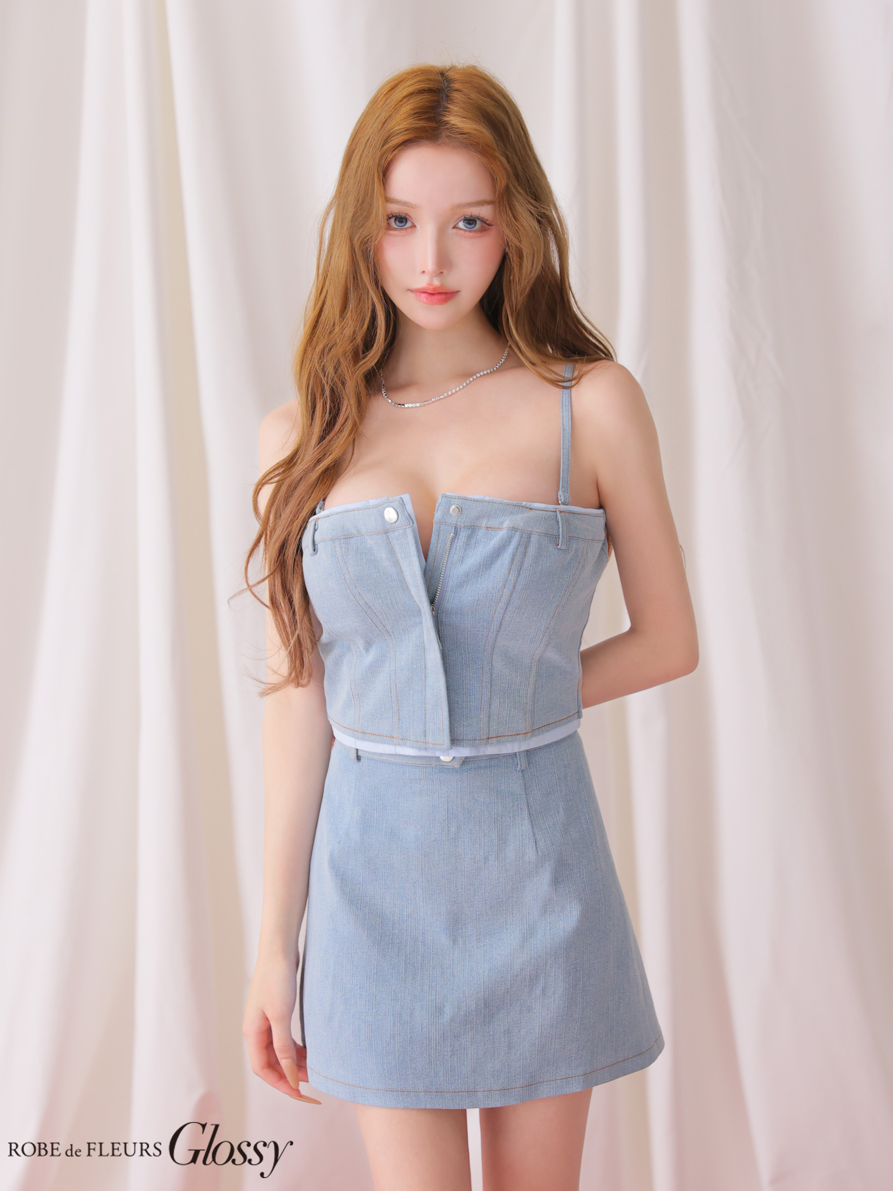 デニム セットアップ キャミソール 2way ベアトップ レイヤード風 タイトミニドレス